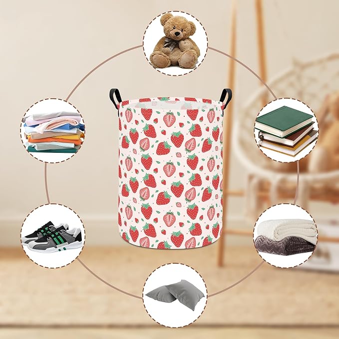 Laundry Hamper Large Canvas Fabric Lightweight Storage Basket/Toy Organizer/Dirty Clothes Collapsible Waterproof for College Dorms, Boys and Girls Bedroom,Bathroom(strawberry) - Image 6