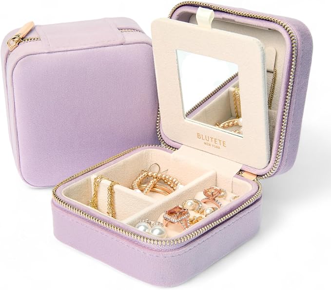BLUTETE Travel Jewelry Box Organizer Velvet Travel Case With Mirror Rings Earrings Necklaces Storage Organizer Box (Lavender) by BLUTETE