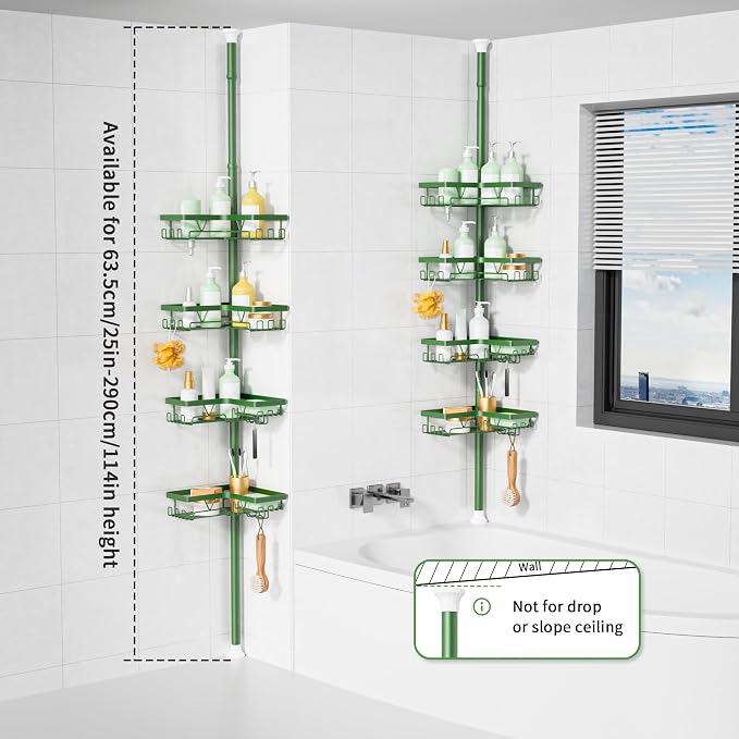 KEGII Shower Caddy Tension Pole, 4-Tier Rustproof Adjustable Corner Bathroom Organizer for Renters, 25–114.2 Inch No Drill Space-Saving Shower Storage Rack, Emerald Green - Image 6