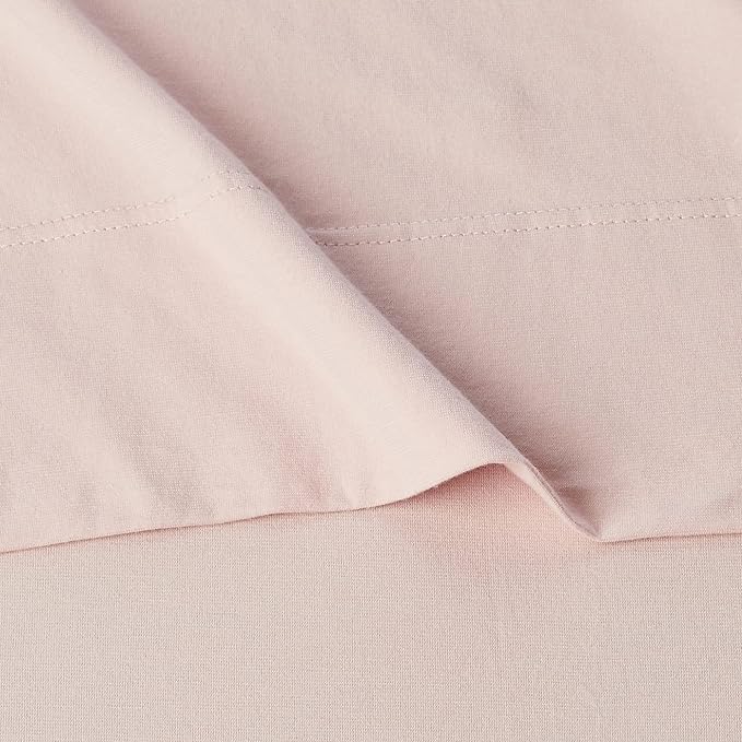 Amazon Basics 4 Piece Breathable 100% Cotton Jersey Knit Bed Sheet Set, Includes Flat and Fitted Sheets, Pillowcase, Queen, Blush