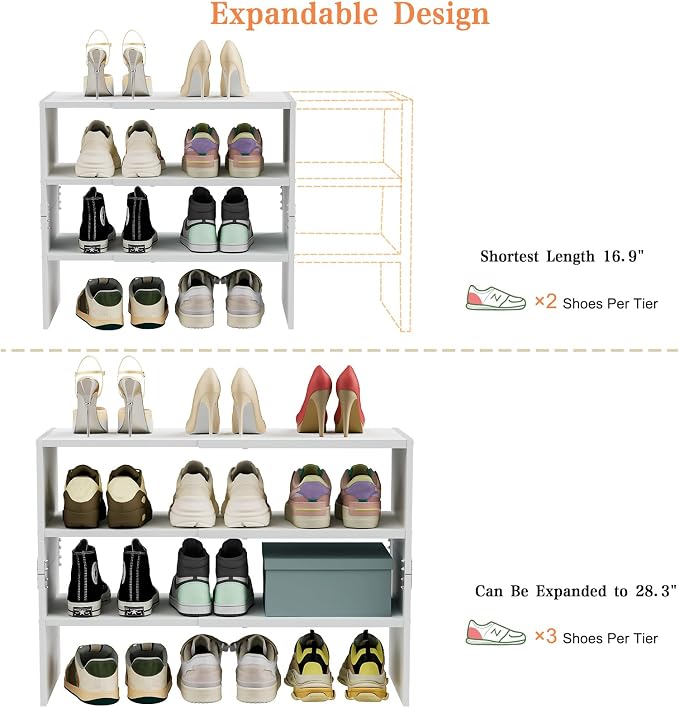 White Shoe Rack Organizer for Closet, 3-Tier Expandable Shoe Shelf, Stackable Iron Wood Combination Shoe Racks Shelves for Closets, Entryway,Small Space,Hallway,Garage,Holds 8-16 Pairs of Shoes - Image 5