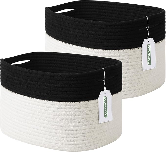 ECDYQXVU Cotton Rope Storage Basket, 15x10x9 Inches, Woven Basket for Shelves, Clothes, Towels, Books, and Laundry, Black/ White (2 Pack) by ECDYQXVU