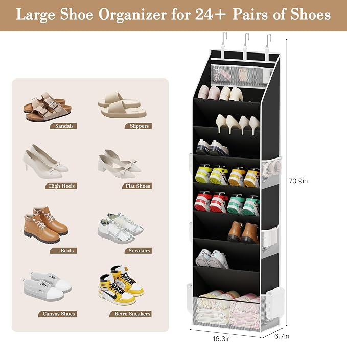 Criusia Shoe Organizer, Over the Door Shoe Organizer for Closet, Hanging Closet Shoe Storage with Large Deep Pockets, Holds Sneakers, Sandals, Boots, Fits 16–24 Pairs, Black - Image 3