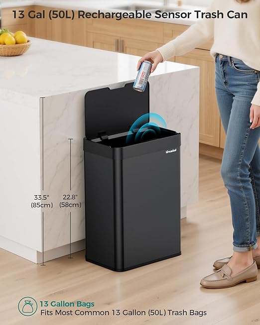 Kitchen Trash Can Touchless, 13 Gallon/50 Liter Stainless Steel Automatic Motion Sensor Trash Can, Type-C Rechargeable Garbage Can with Lid, Silent Close, Touchless Trash Bin for Home Kitchen, Black - Image 2
