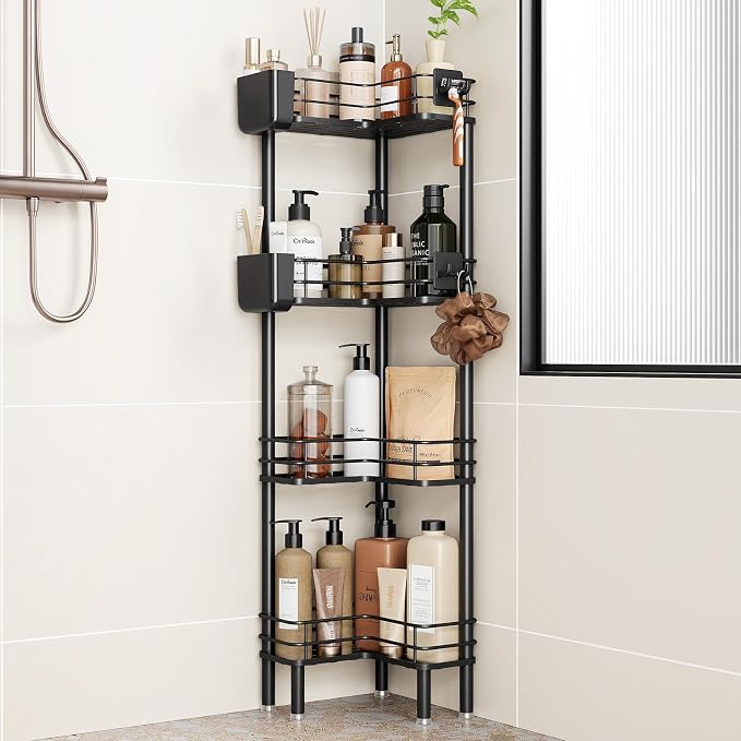 Orimade Rustproof 4 Tier Floor Standing Corner Shower Caddy Organizer with Toothbrush Holder, Large Spacing Floor Shower Shelf Rack Storage Stands with Hooks for Bathroom Kitchen, Black by Orimade
