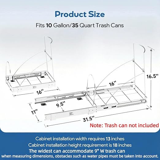 Pull Out Trash Can Under Cabinet & Under Sink - Heavy Duty Sliding Adjustable Cabinet Garbage Can Organizer, Requires Minimum Cabinets Opening 13" W X 18" D,Chrome Finish (Waste Bin Not Included) - Image 3