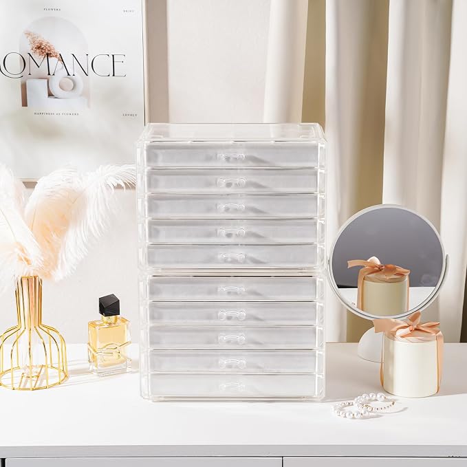 Lolalet Earring Holder Organizer Box Jewelry Storage with 10 Drawers, Clear Acrylic Stackable Earring Case with Adjustable Velvet Trays for Women on Dresser Vanity - Warmwhite,10 Layers - Image 5