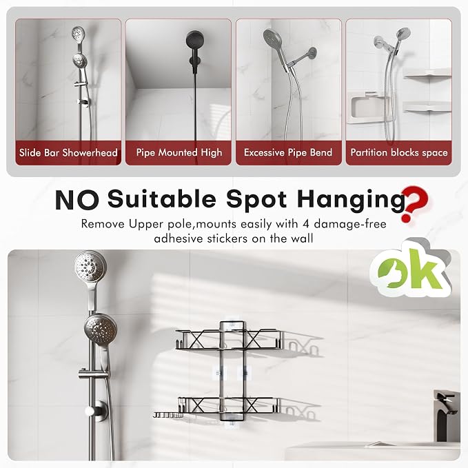 Sewulidon Stainless Steel Hanging Shower Caddy for Handheld Shower Heads,Adjustable Height Extra Long Bathroom Shower Organizer Hanger Rack with Hooks,Soap Holder - Image 3