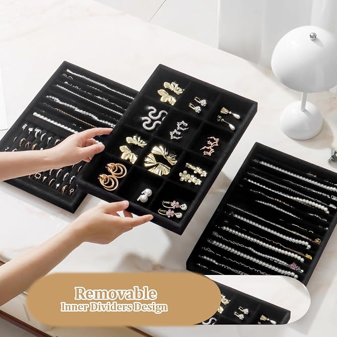Large Velvet Jewelry Tray 2 Pack Stackable Jewelry Display Drawer Inserts Trays Organizer for Earring Bracelet Necklace Ring (Black, 12 Grids) - Image 3