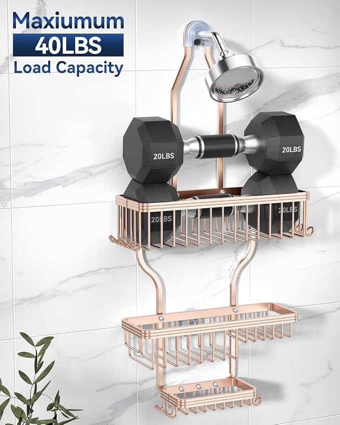 YASONIC Shower Caddy Hanging - Never Rust Shower Organizer - Aluminum over The shower head caddy with 10 Hooks for Razor/Sponge - Shower Rack with Soap Basket - Rose Gold - Image 4