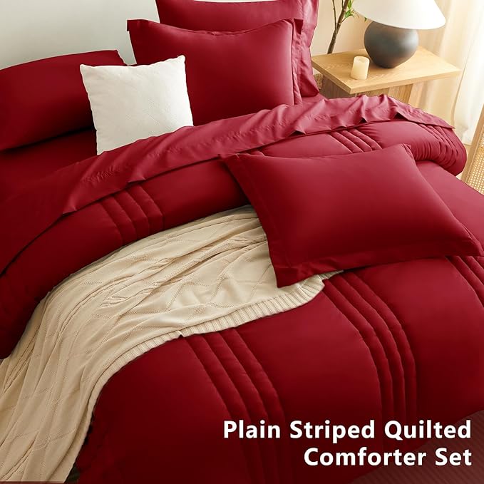 CozyLux Full Comforter Set - 7 Pieces Bed in a Bag Dark Red Comforter Set with Sheets Luxury Bed Set All Seasons, Soft Bedding Set with Down Alternative Comforter, Sheets, Pillowcases & Shams