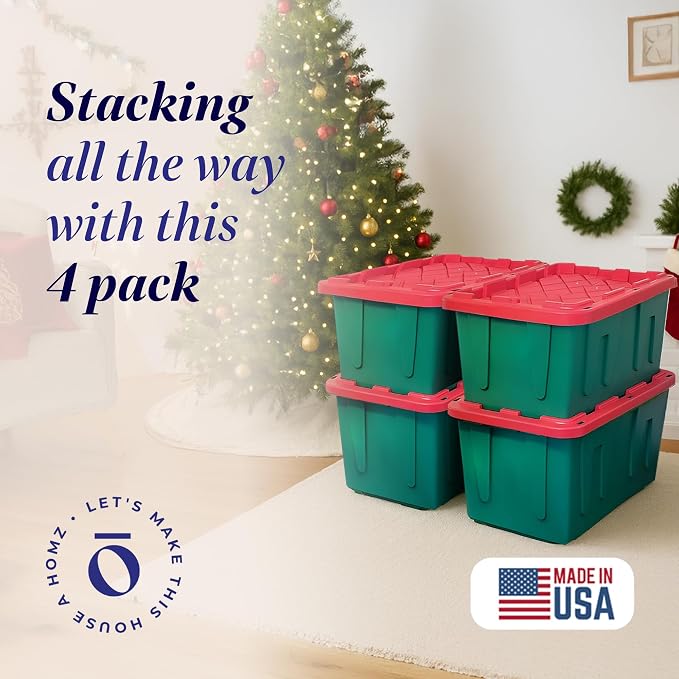 HOMZ 4-Pack Durabilt, Heavy Duty Plastic Storage Bins with Lids, 27 Gallon, Red/Green - Stackable Container Boxes for Holiday, Attic, and Garage Organization - Image 2