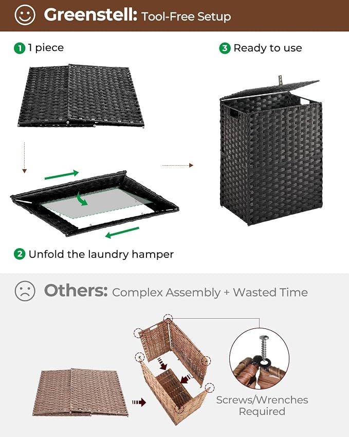 Greenstell Laundry Hamper with 2 Removable Liner Bags, Foldable Divided Clothes Hamper, 90L Handwoven Synthetic Rattan Laundry Basket with Lid and Handles, Easy to Install Black 18.3x13.3x24 Inches - Image 5