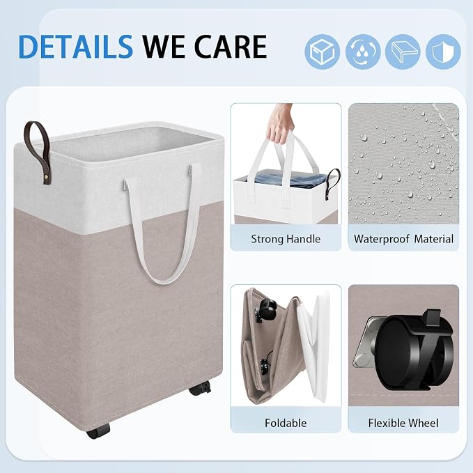 HomeHacks 75L Rolling Laundry Basket with Wheels, Collapsible & Waterproof Laundry Hamper, Mobile Clothes Hamper, Storage Laundry Bins with Handles for Laundry Room, Bedroom, Bathroom & Dor, Khaki - Image 3