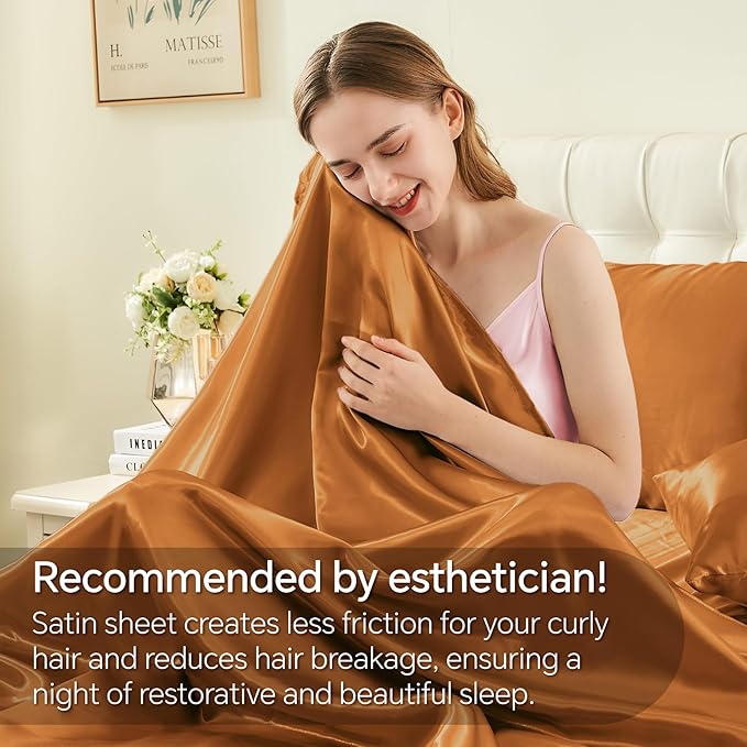 BEDELITE King Size Sheets Set, Luxury Soft Burnt Orange Satin Sheets for Hair and Skin, Similar to Silk Bed Sheets Set 4 Pieces with 1 Deep Pocket Fitted Sheet, 1 Flat Sheet, and 2 Pillowcases
