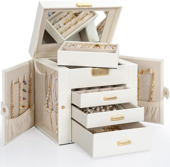 AKOZLIN 4-Tier Jewelry Box Leather Jewelry Storage Organizer with 3 Drawers Lockable for Women Girls Ring Necklace Earring Bracelet Holder with Mirror White - Image 8