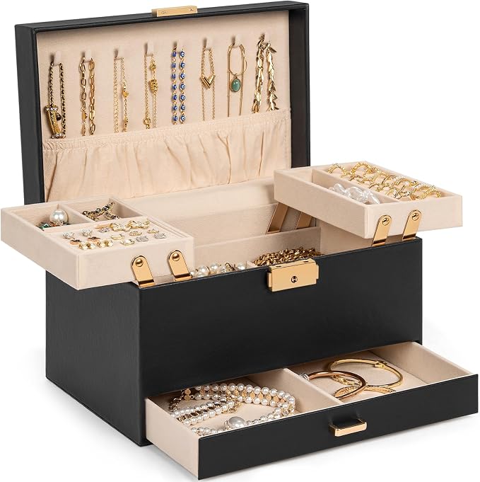 AKOZLIN Travel Jewelry Box Organizer Functional 2-trays Leather Jewelry Storage Case with Lockable Portable Drawer for Women Girls Ring Necklace Earring Bracelet by AKOZLIN