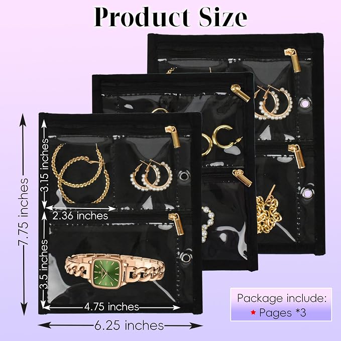 Travel Jewelry Organizer Case,Jewelry Bags Jewelry Storage Book Binder with Clear Zipper Velvet Pouch for Traveling,Earrings, Rings, Necklace, Bracelet (Inner Pages, 3 PCS) - Image 2