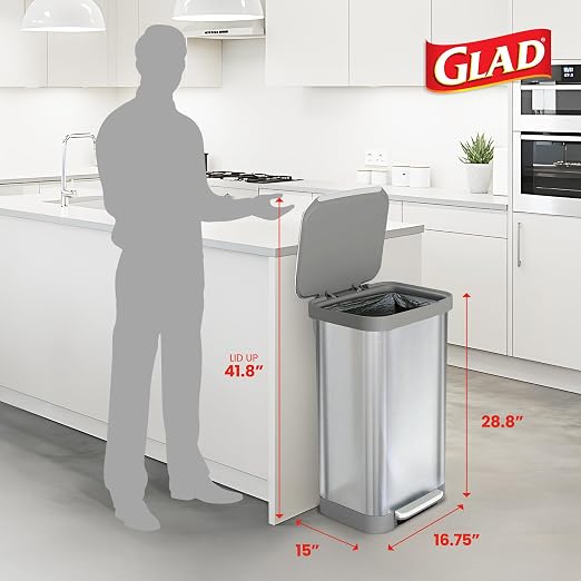 Glad Stainless Steel Step Trash Can, Series 2 with Clorox Protection - Large Metal Kitchen Garbage Bin with Soft Close Lid, Foot Pedal and Waste Bag Roll Holder, 20 Gallon - Image 2