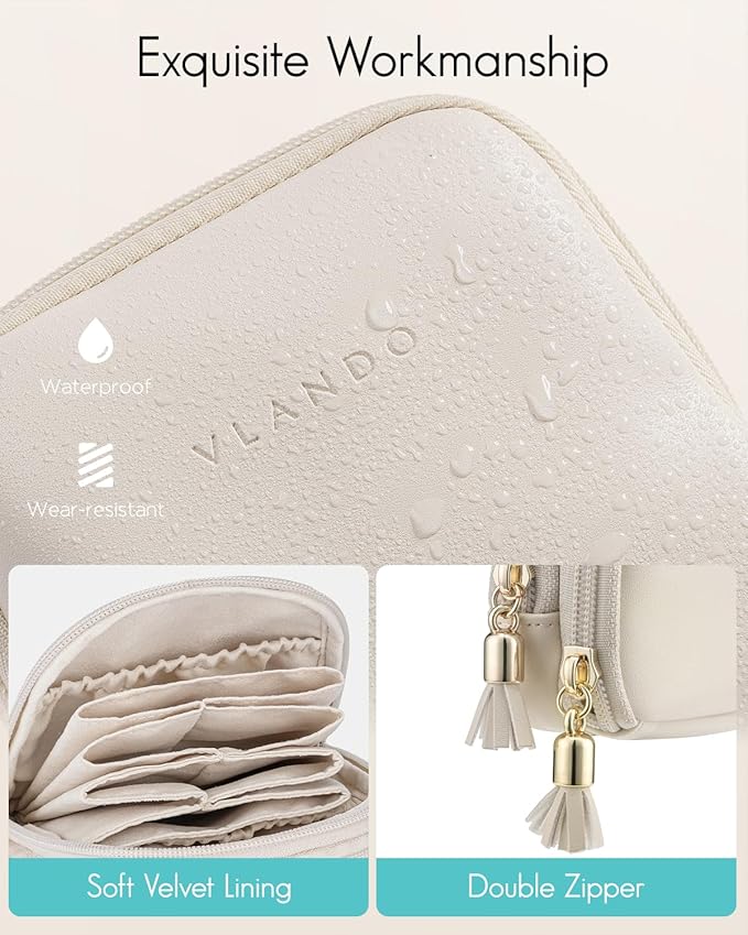 VLANDO Travel Jewelry Case,2-Layer Jewelry Organizer for Travel,Mothers Day Mom Gifts Teacher Gifts,Multi-Compartment Jewelry Storage for Rings Earrings Necklaces Bracelets-Cream White - Image 6