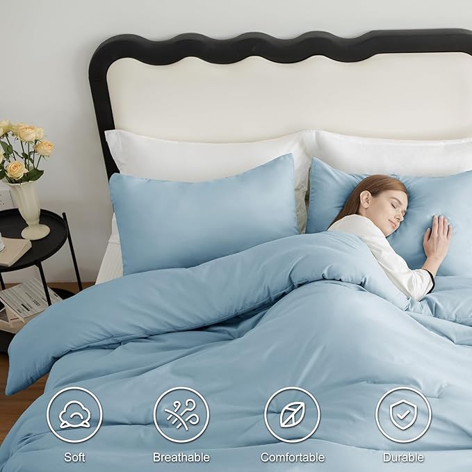 CozyLux Queen Comforter Set Light Blue, 3 Pieces Solid Comforters Queen Size Breathable Bedding Sets, Luxury Soft Lightweight Bed Set with Down Alternative Comforter and 2 Pillowcases for All Seasons