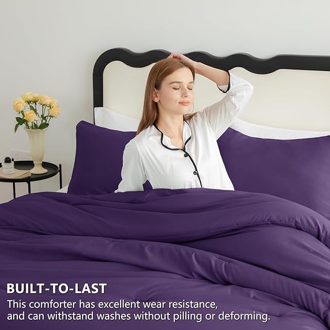 CozyLux Queen Comforter Set Purple, 3 Pieces Solid Comforters Queen Size Breathable Quilted Bedding Sets, Luxury Soft Lightweight Bed Set with Down Alternative Comforter and 2 Pillowcases All Seasons