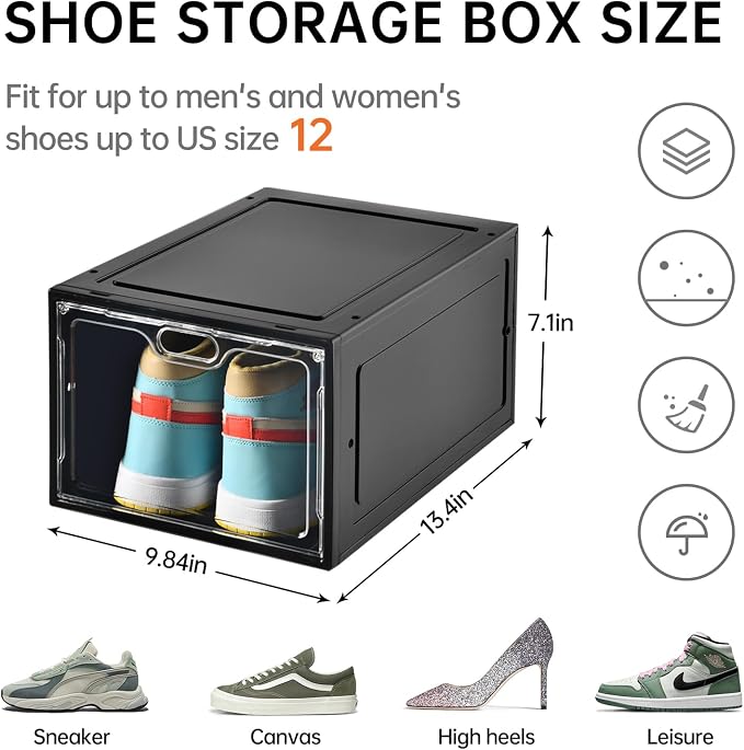 INSTY 12 Pack Large Shoe Storage Box, Clear Shoe Storage Organizer with Magnetic Door, Stackable,Shoe Containers For Display Sneakers, Easy Assembly, Fit up to US Size 12, Black - Image 2