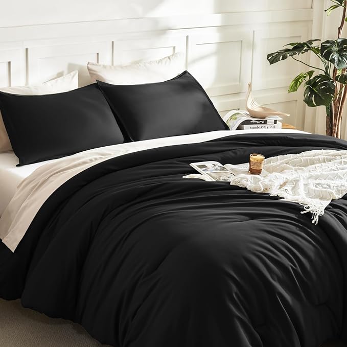 Litanika Black Twin/Twin XL Comforter Set, 2 Pieces Lightweight Solid Bedding Comforter Set, All Season Fluffy Bed Set (66x90In Comforter & 1 Pillowcase)