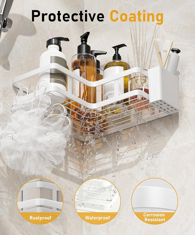 3 Pack Corner Shower Caddy Organizer, Rustproof Corner Shower Shelves, No Drilling Bathroom Corner Shelf with Hooks and Toothpaste Holder - Image 5