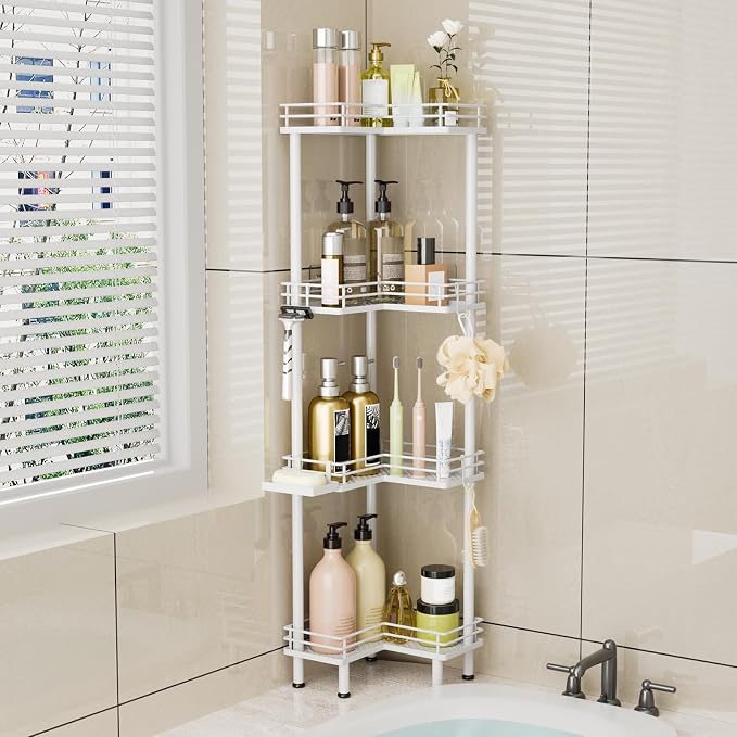 Consumest Corner Shower Caddy Standing - 4-Tier Stainless Steel Shower Organizer with Soap Holder and 4 Hooks, Large Capacity Corner Shelf Stand for Bathroom, Rest Room, White - Image 6