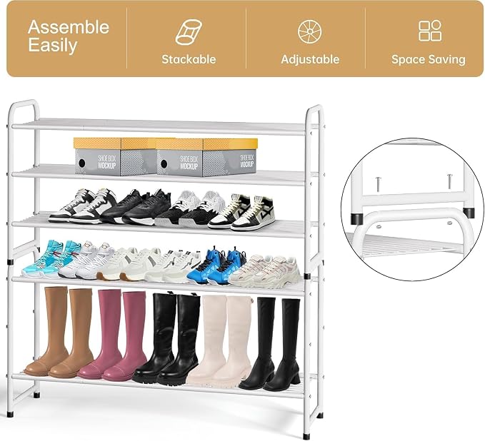 KEETDY 3-Tier Long Shoe Rack for Closet Metal Shoe Organizer for Entryway, Wide Stackable Shoe Storage Shelf with Sturdy Wire Grid for Closet Floor, Bedroom, White - Image 5