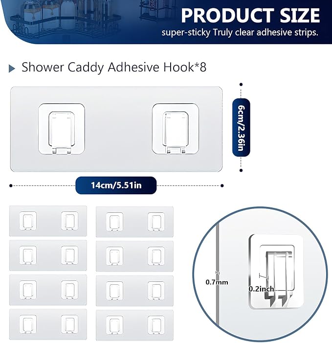 Shower Caddy Adhesive Replacement Hooks, Strong Waterproof Strips, No Drilling for Bathroom Shelves, Kitchen Racks, and Soap Holders (Transparent-8Pack 2Hook) - Image 5