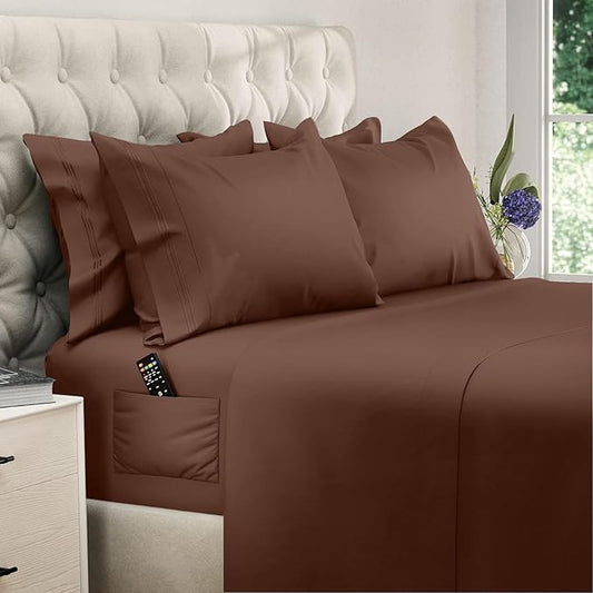 DREAMCARE Full Size Sheets - 6 pcs Breathable Cooling Bed Sheets - up to 15" Deep Pocket Full Size Bed Sheets wth Side Pockets - Extra Soft 100% Brushed Hypoallergenic Hotel Luxury Bedding Mocha Brown