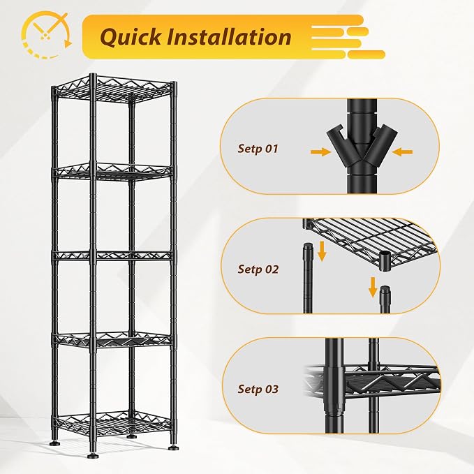 5 Tier Metal Shelving Unit Adjustable Storage Shelves:Wire Shelves Storage Rack Standing Bathroom Shelf and Narrow Small Shelf for Kitchen Pantry Closet Laundry Dorm Office 12''Wx12''Dx49''H Black - Image 9