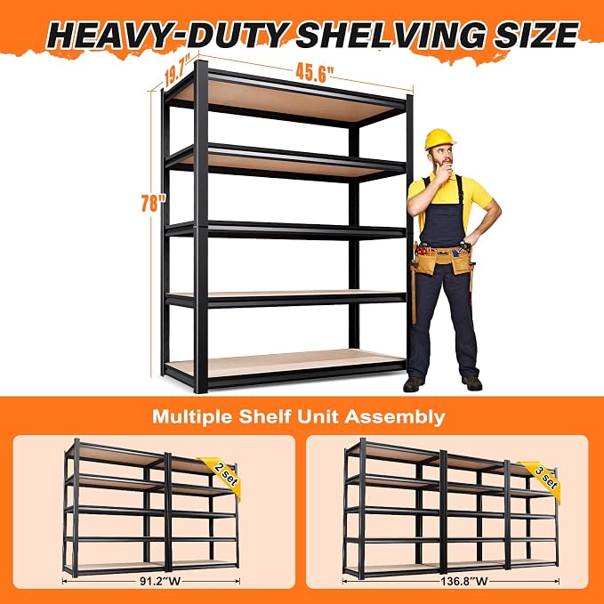 2-Piece Set 78''H*46''W Storage Shelves,3000LBS Garage Shelving,Adjustable Garage Shelves,Heavy Duty Metal Shelving, 5 Tier Wood Utility Steel Shelf, Shelving Units and Storage Rack 2Pack - Image 3