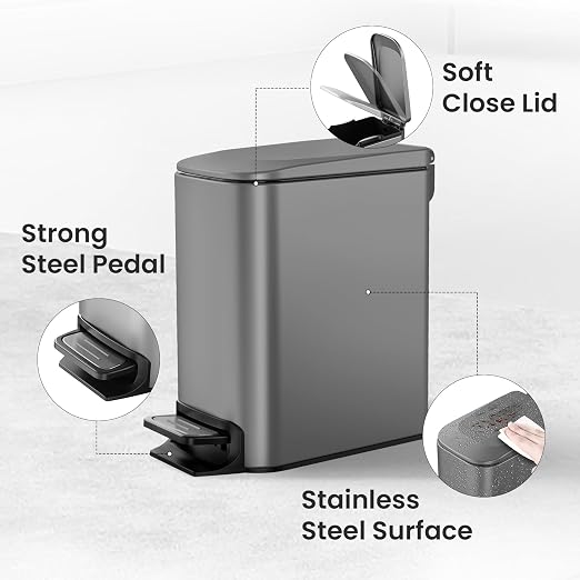 Cesun Small Bathroom Trash Can with Lid Soft Close, Step Pedal, 6 Liter / 1.6 Gallon Stainless Steel Garbage Can with Removable Inner Bucket, Anti-Fingerprint Finish (Gray) - Image 4