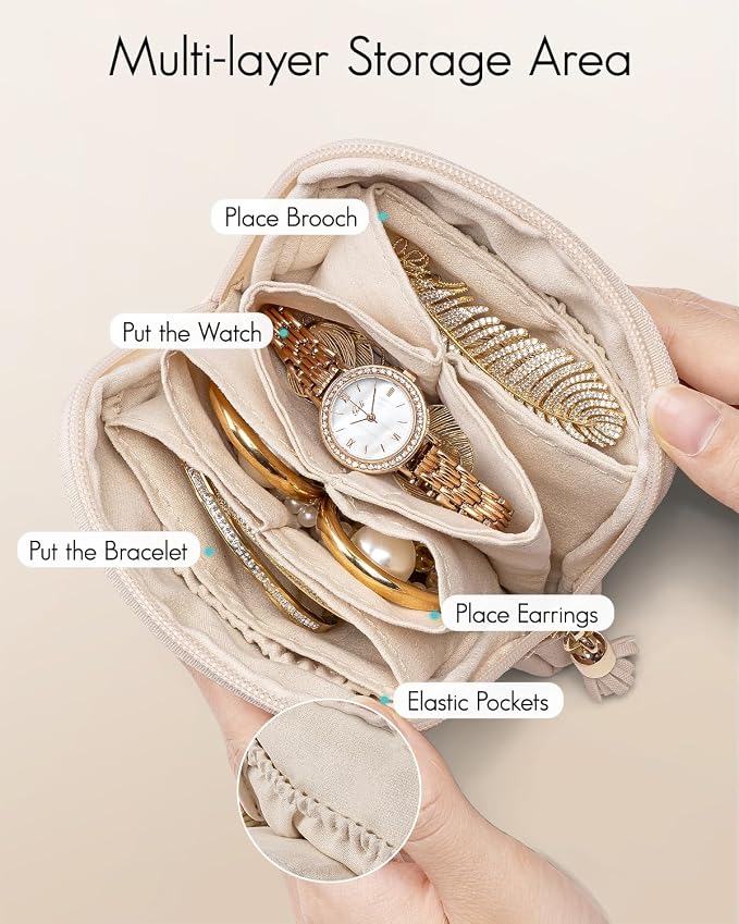 VLANDO Small Jewelry Travel Case,Jewelry Pouch Bags with Zipper,Velvet Jewelry Organizer Storage Bag for Bracelet Rings Earring Travel Essentials Gifts for Women Girl-Beige - Image 2