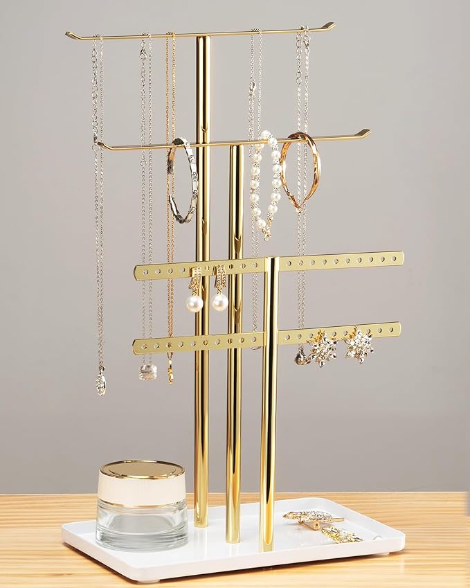 pickpiff Jewelry Stand Holder Organizer: 14.5" Sturdy Hanger for 80 Pcs Jewelry, Jewlery Tower for Display Necklace, Earring, Bracelet, Watch, Mirrored Gold by pickpiff