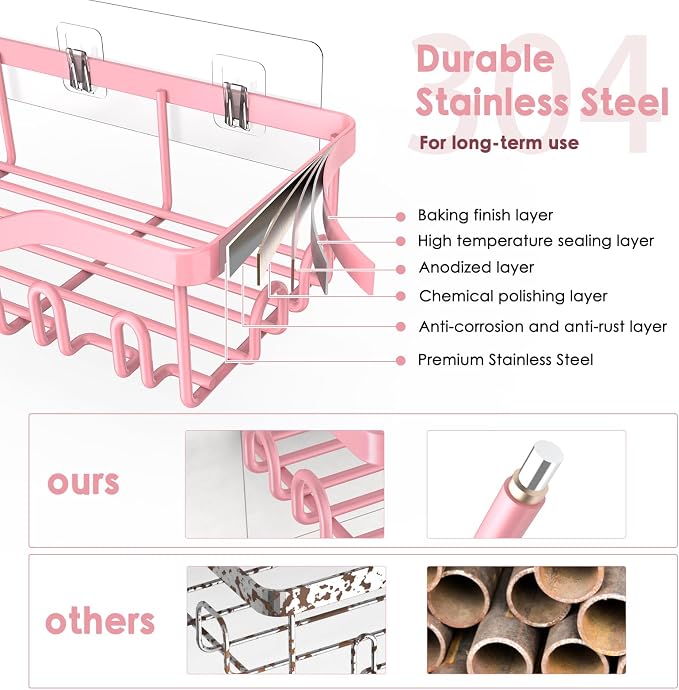 NESOMI Shower Caddy Adhesive Shower Organizer 7-Pack, Rustproof Stainless Steel Bathroom Shelves, Large Capacity No-Drill Rack Storage Accessories with Soap Dish Toothbrush Holder Hooks - Image 3