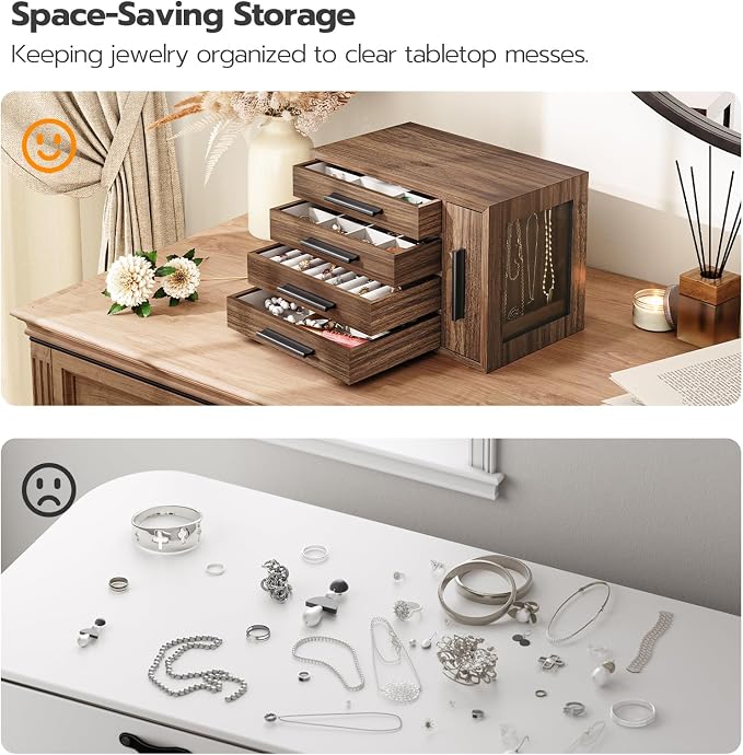 HOOBRO Jewelry Box for Women, Wooden Jewelry Organizer with Transparent Window, 4-Layer Jewelry Organizer Box, Jewelry Holder Organizer for Earrings, Necklaces, Rings, Walnut and Black BH09JB04 - Image 7
