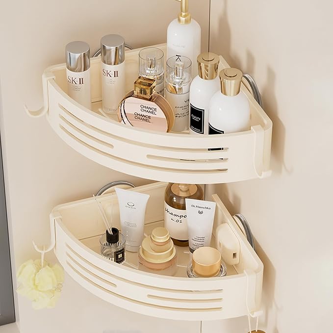 ONXE Corner Shower Caddy Suction Cup,Shower Shelves with Hooks,No Drilling Powerful Suction Bathroom Organizers and Storage,Removable Waterproof Rustproof Metal Shower Bathroom Decor (2 Pack-White) by ONXEBornforqualityNeverWasteYourMoney