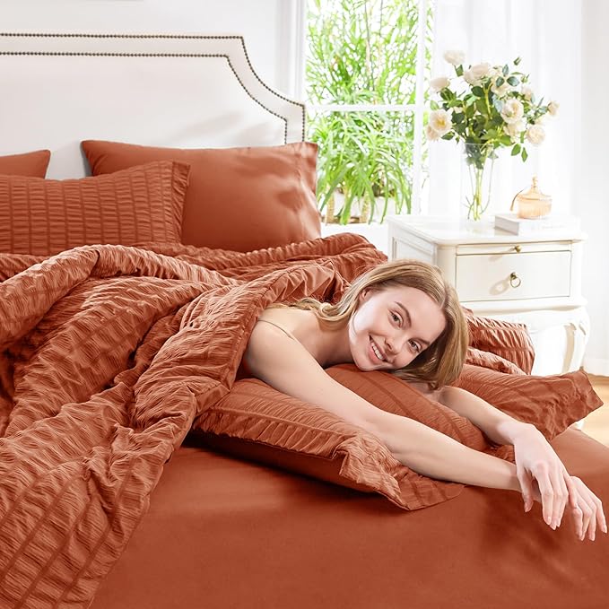 CozyLux King Size Comforter Set Burnt Orange Seersucker 7 Pieces Bed in a Bag King Comforter Set with Sheets, Terracotta Luxury Bedding Set with Down Alternative Comforter, Sheets, Pillowcases & Shams