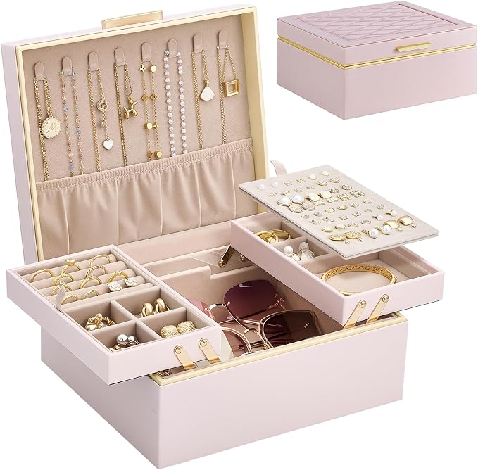 Lolalet Jewelry Box Organizer for Women Girls, 2 Layer Jewelry Organizers and Storage for Necklace Earrings Rings Bracelets, Large Jewellery Holder Case Birthday Mothers Day Gifts -Pink by Lolalet