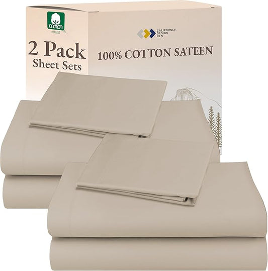 California Design Den 100% Cotton 2-Pack Twin XL Sheet Sets, Soft & Durable Extra Long Twin Sheet Sets with 12" Pockets, Twin XL Sheets with Sateen Sheets - Beige (Warm Taupe)