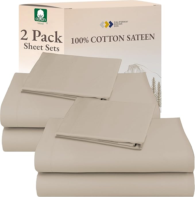 California Design Den 100% Cotton 2-Pack Twin Size Bed Sheets, Soft & Durable Twin Bed Sheets Set with 12" Pockets, Twin Sheet Set with Sateen Sheets - Beige (Warm Taupe)