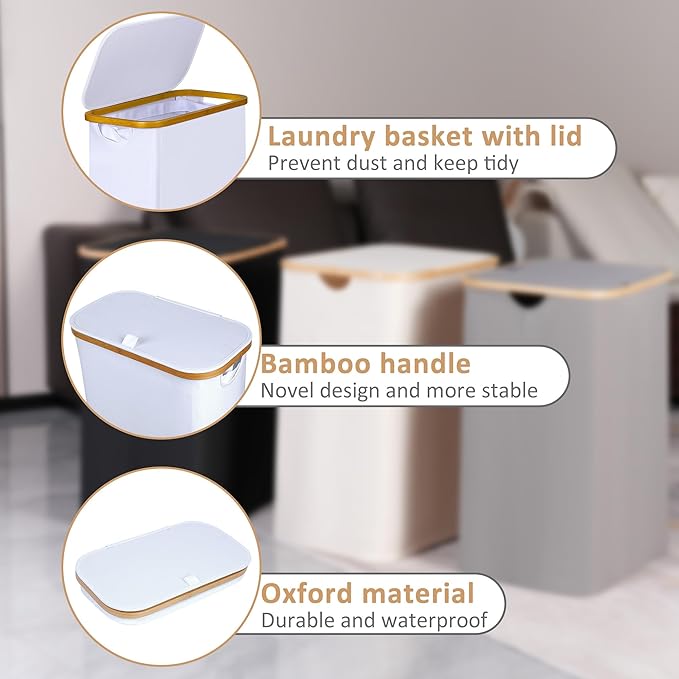 iEGrow 60L Slim Laundry Hamper, Narrow Laundry Basket with Lid,Foldable Clothes Hamper with Bamboo Handles,Hamper Basket with Removable Inner Bag for Laundry Room Bedroom College Dorm,15.85 Gals White - Image 5