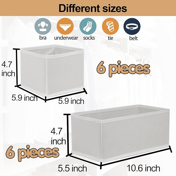 Fordonral Drawer Organizer Clothes, Foldable Fabric Dresser Organizer Closet Organizers and Storage Box for Underwear,Folded Clothes,Baby Clothing,Socks,Bra,Towels,Ties(6M+6S,White) - Image 2