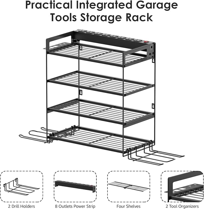 CCCEI Garage Tools Storage with Charging Station. Power Tool Battery Organizer Utility Shelf with Power Strip. 4 Drills Holder Wall Mount Rack, Black 4 Layer. - Image 4