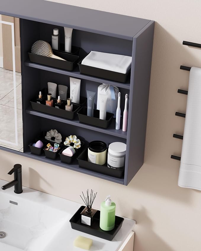 BiuLeon 25 PCS Plastic Drawer Organizers Set, 4-Sizes Vanity and Makeup Organizer, Desk and bathroom Drawer Organizer Trays, Organizers and Storage for Makeup, Jewelry, Gadgets, Utensils (Black) - Image 6