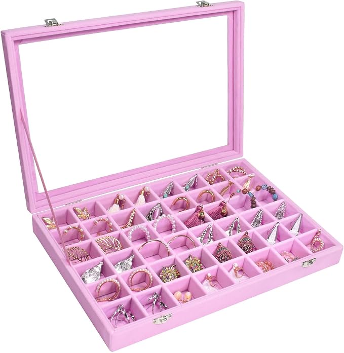 Siveit Velvet Jewelry Tray 48 Grid Jewelry Display Tray Organizer Box with Transparent Lid Rings Earrings Necklaces Pendants Display Box Suitable for Women and Girls (Pink) by Siveit